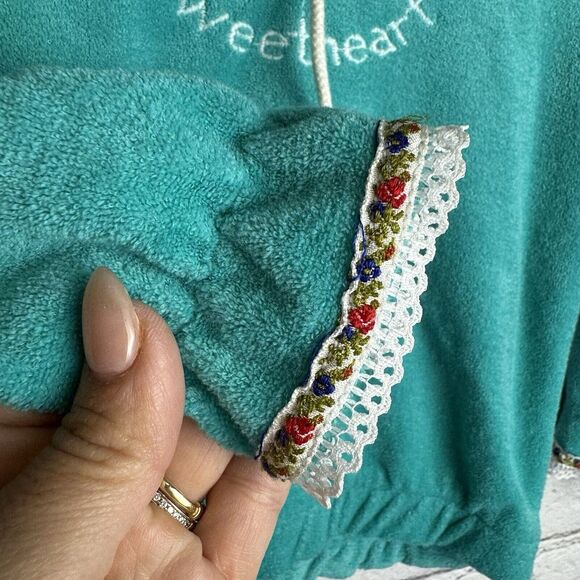 VTG Teddy Bears Girls Sweetheart Sweater Hoodie Lace Floral Trim Teal Sz 24 Mos‎ - Picture 4 of 7